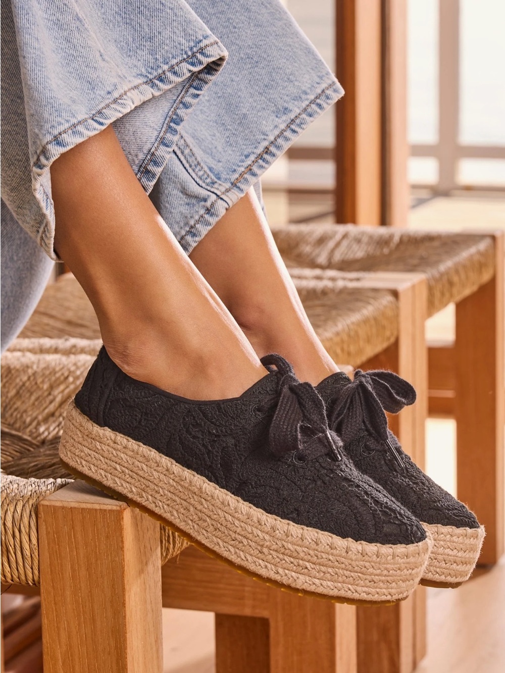 Toms Black Lace-Up Espadrille Platform Sneakers